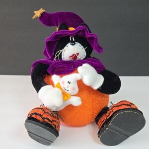 Halloween Decor Witch Cat Plush Holding a Stuff Ghost